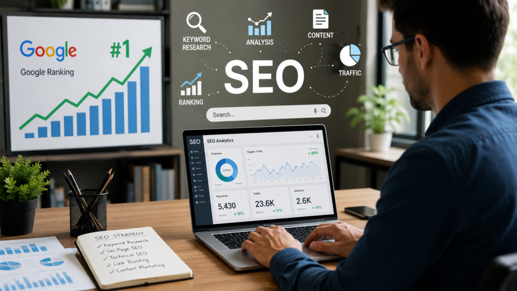 Top SEO Tips to Rank Higher on Google in 2026 Digital marketer analyzing SEO performance and Google rankings on a laptop.
