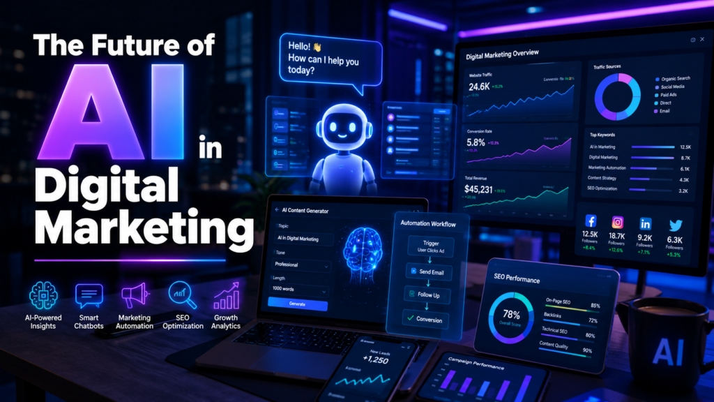 AI-powered digital marketing dashboard with analytics, SEO tools, chatbot, and marketing automation technology.