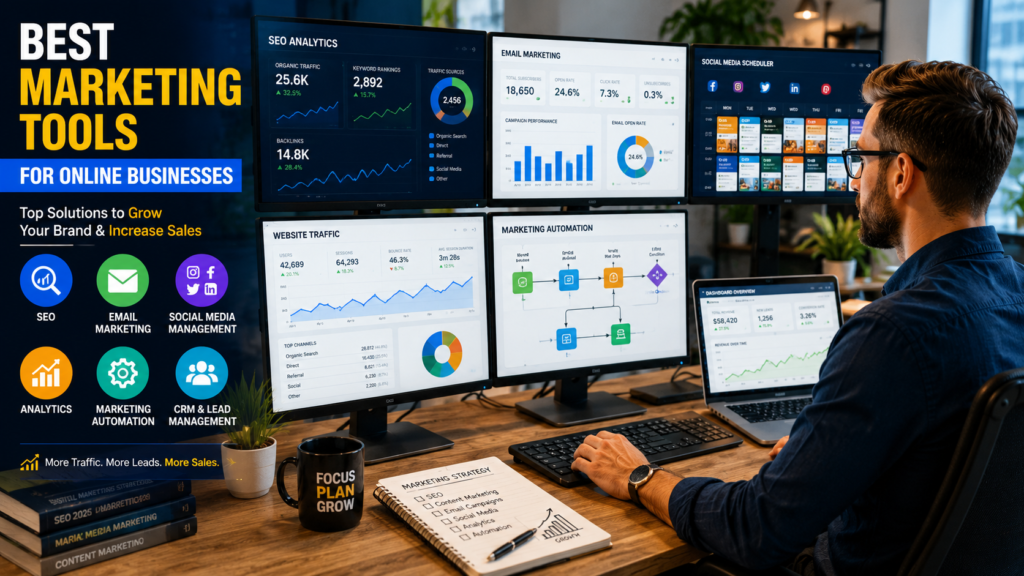 Best Marketing Tools for Online Businesses in 2026: Top Solutions to Grow Your Brand and Increase Sales Best marketing tools for online businesses showing SEO analytics dashboards and digital marketing performance metrics