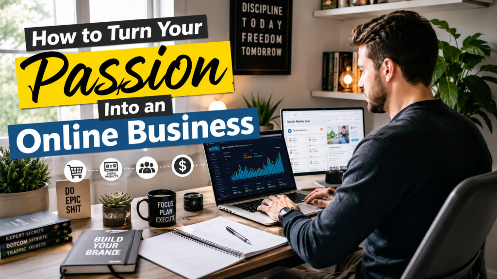 How to Turn Your Passion Into an Online Business: A Step-by-Step Guide for Beginners Entrepreneur building an online business from their passion using digital marketing and personal branding strategies.