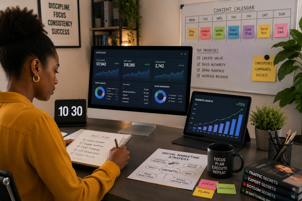 Why Consistency Matters in Online Business: The Secret to Long-Term Success Entrepreneur maintaining consistency in online business to achieve long-term growth and success