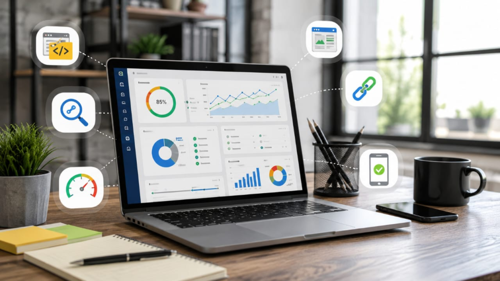 How to Rank on Google Faster in 2026: A Complete SEO Guide for Beginners and Businesses On-page SEO optimization showing keyword research, website audit, page speed, and technical SEO improvements