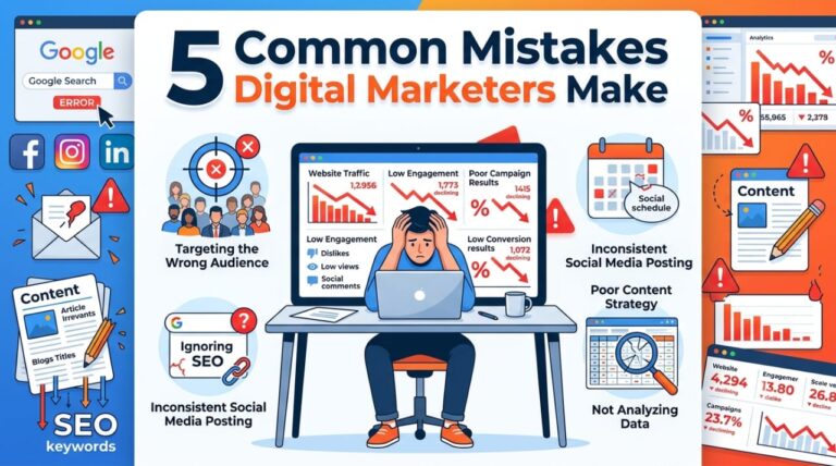 Marketer reviewing campaign mistakes and analytics